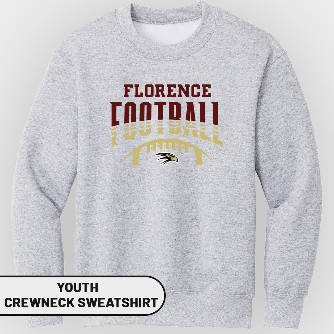 Grey youth crewneck sweatshirt with Florence football graphics and eagle logo.