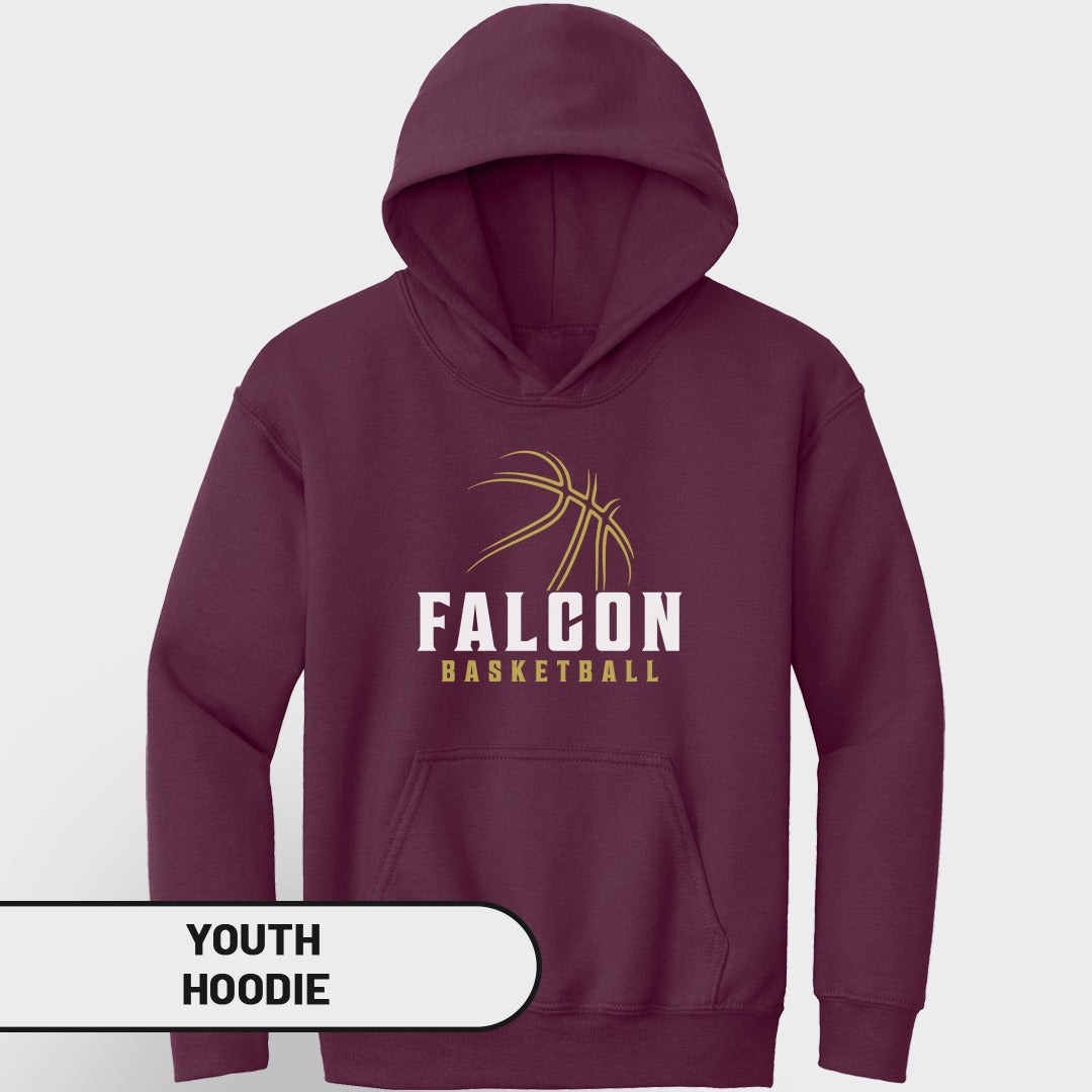 Maroon youth hoodie with "FALCON BASKETBALL" text and basketball graphic.