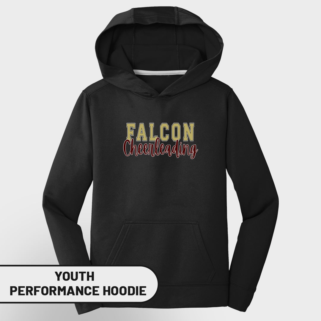 Black youth performance hoodie with "FALCON Cheerleading" text.