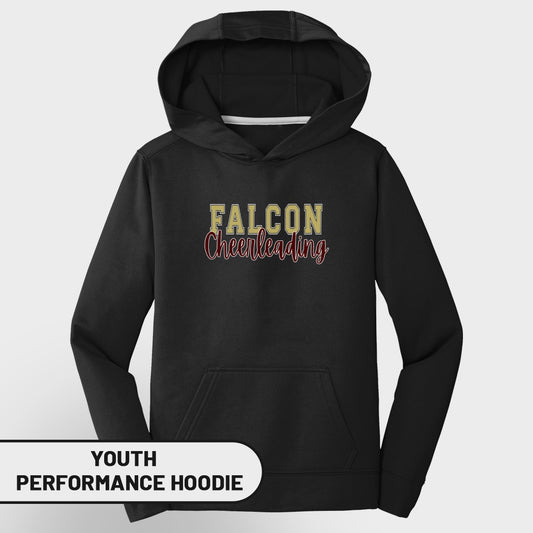 Black youth performance hoodie with "FALCON Cheerleading" text.