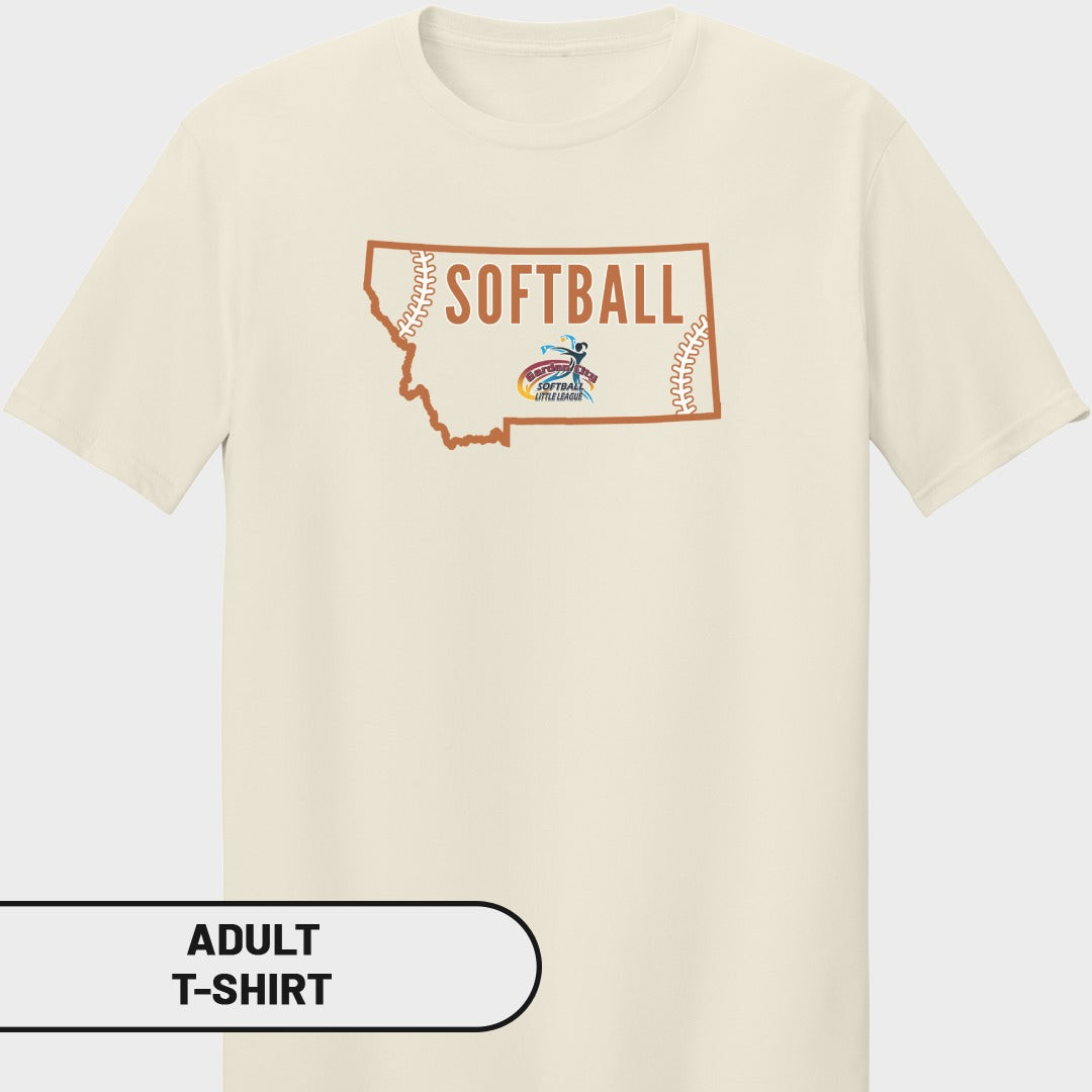 Cream t-shirt with Montana outline, "SOFTBALL" text, and Little League logo.