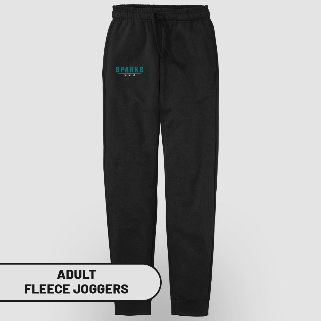 Black fleece joggers with "SPARKS" logo and "ADULT FLEECE JOGGERS" text.