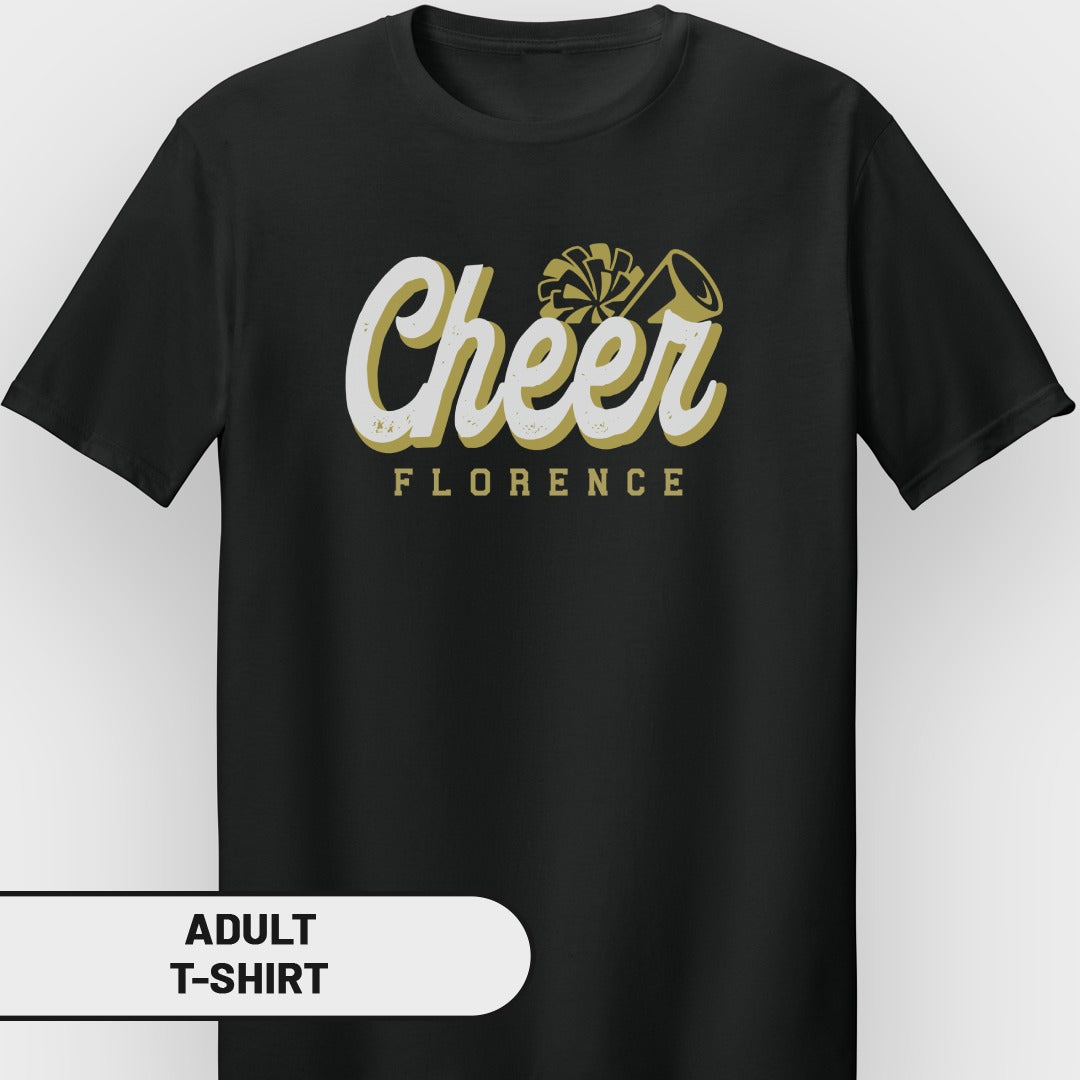 Black adult t-shirt with "Cheer Florence" text and a megaphone.
