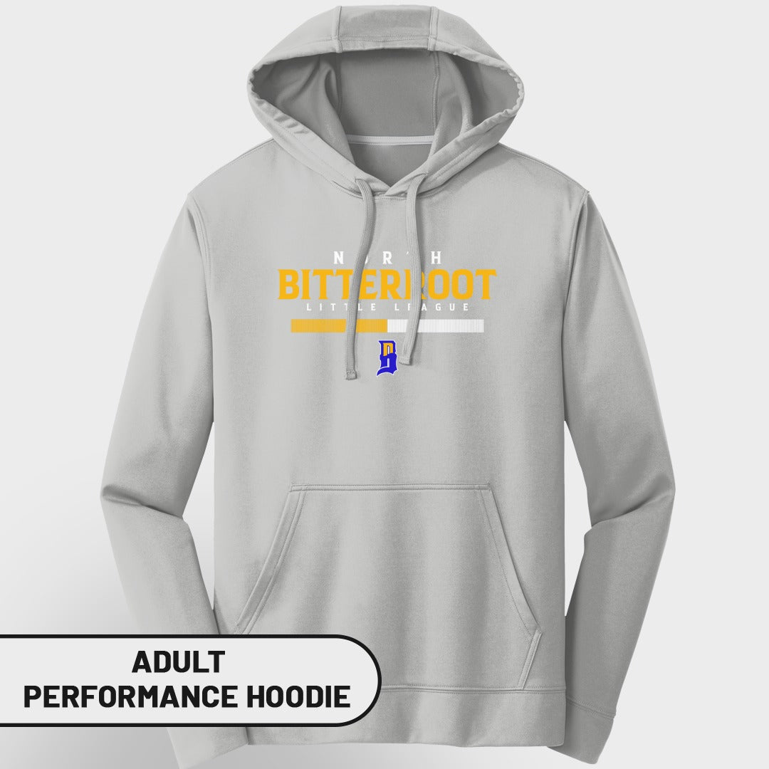 Adult performance hoodie with "North Bitterroot Little League" logo.