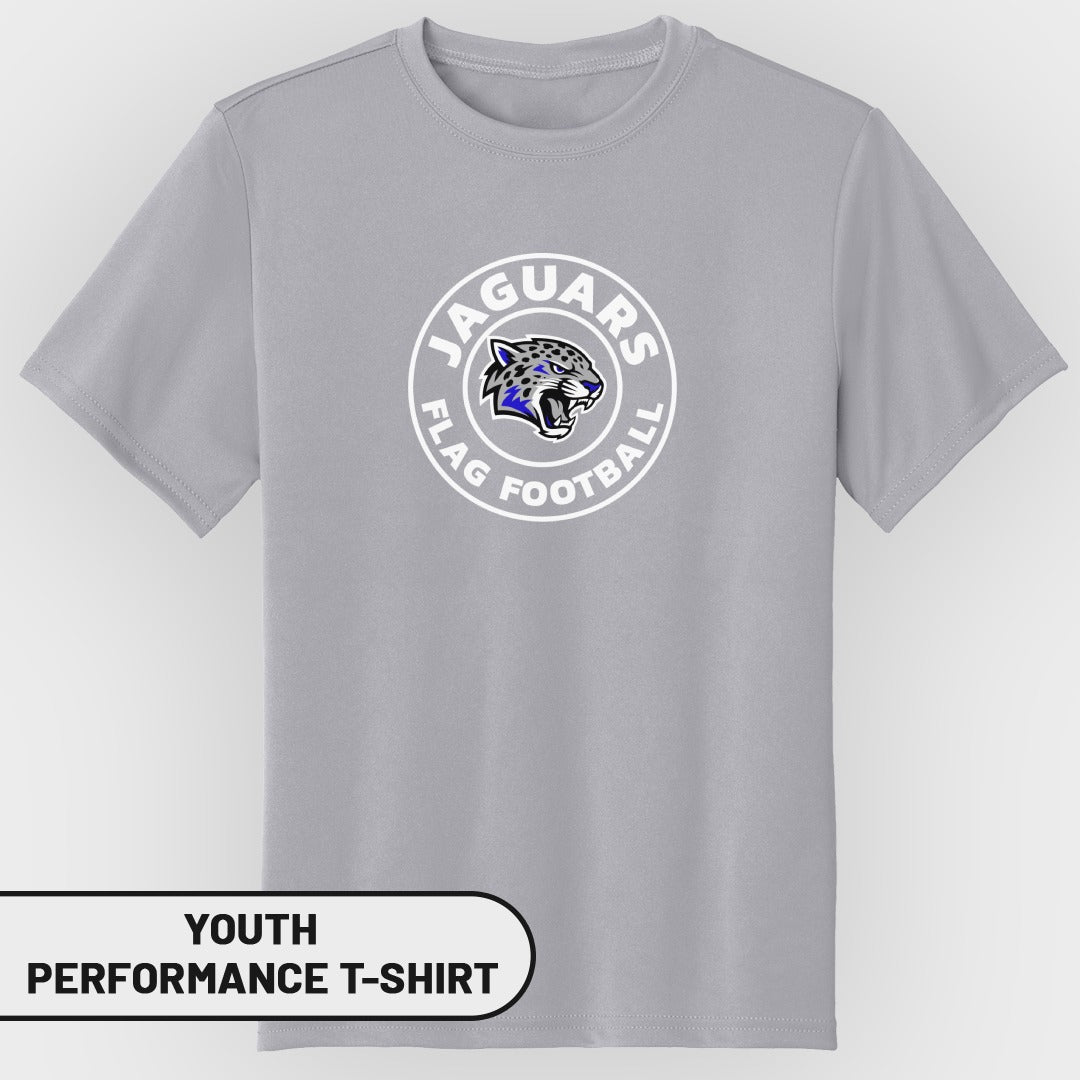 Gray youth performance t-shirt with Jaguars Flag Football logo.