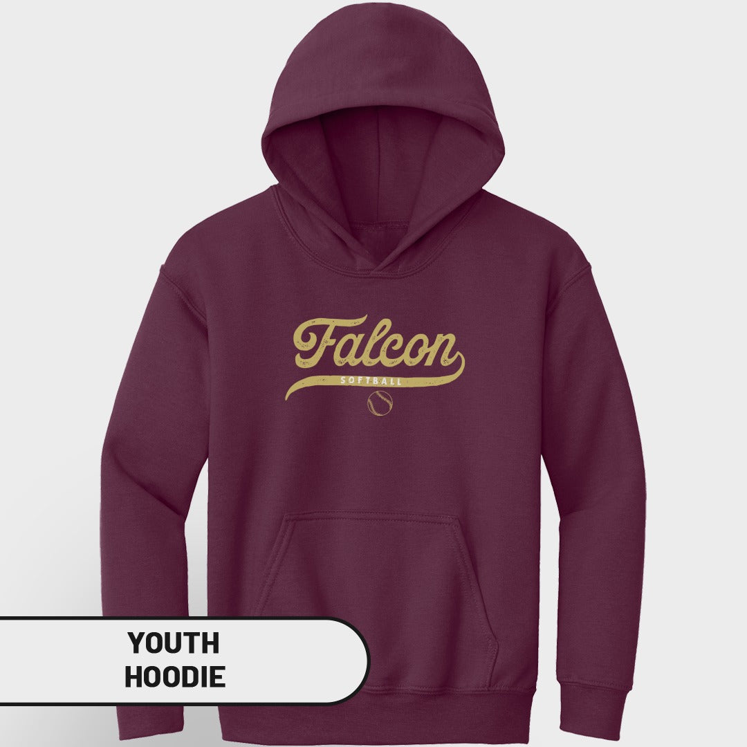 Maroon youth hoodie with "Falcon Softball" graphic and softball.