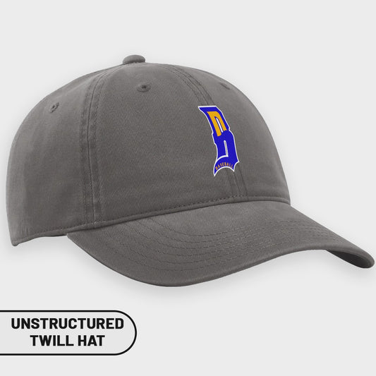 Gray unstructured twill hat with blue and yellow "B" baseball logo.