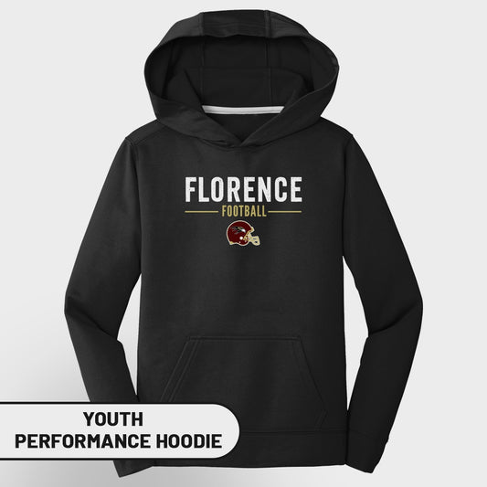 Black youth performance hoodie with "Florence Football" and a football helmet logo.