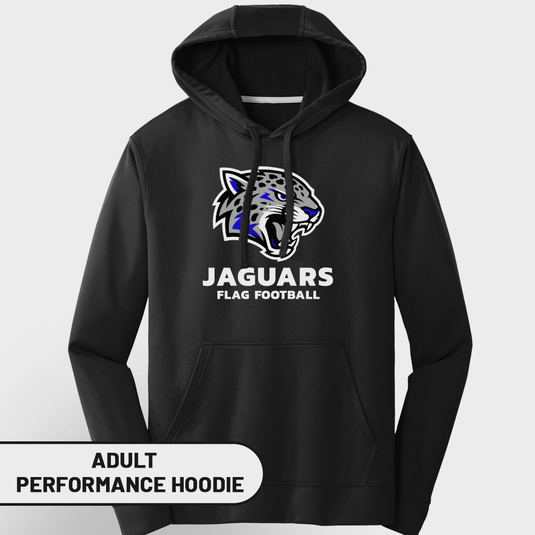 Black adult performance hoodie with Jaguars flag football logo.