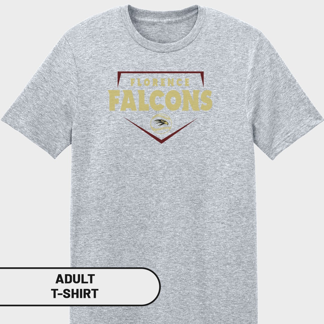 Gray adult t-shirt with "FLORENCE FALCONS" and a falcon logo.