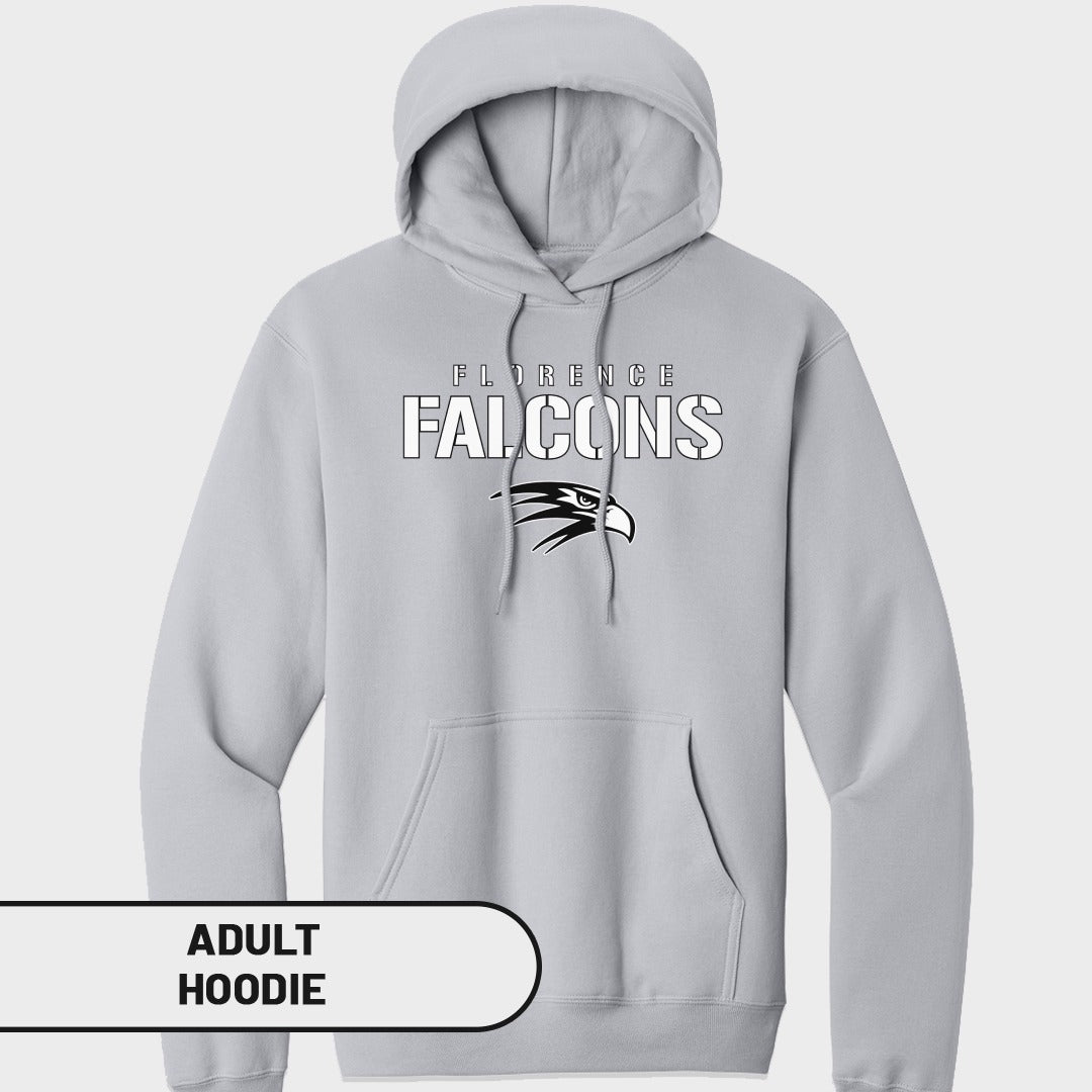 Light gray adult hoodie with "Florence Falcons" text and a falcon logo.