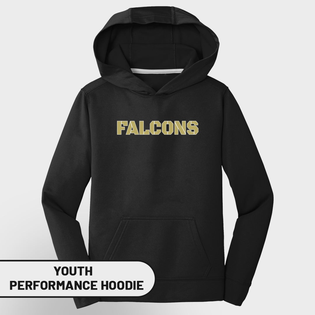 Black youth performance hoodie with "FALCONS" text in gold.