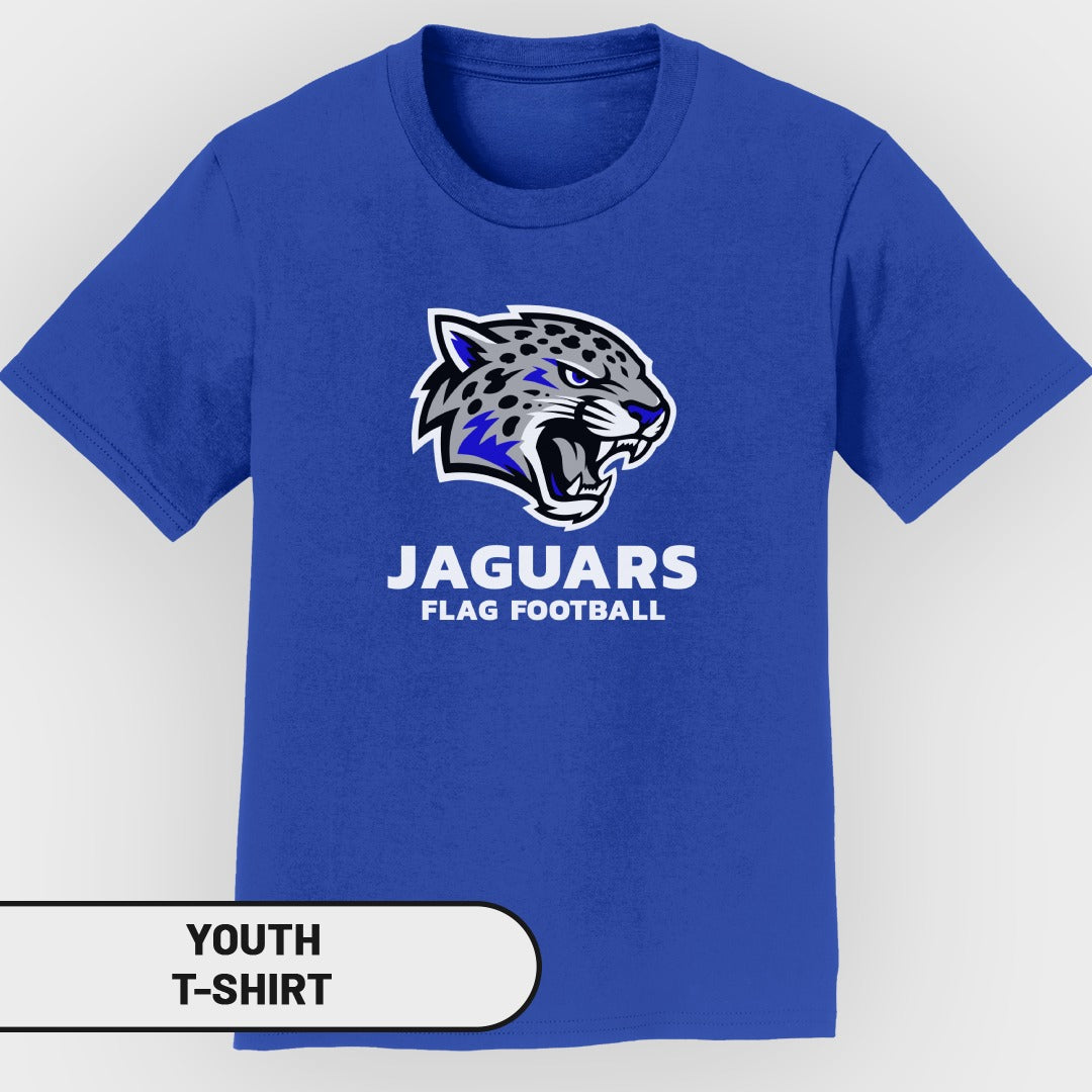Blue youth t-shirt with Jaguars flag football logo and text.