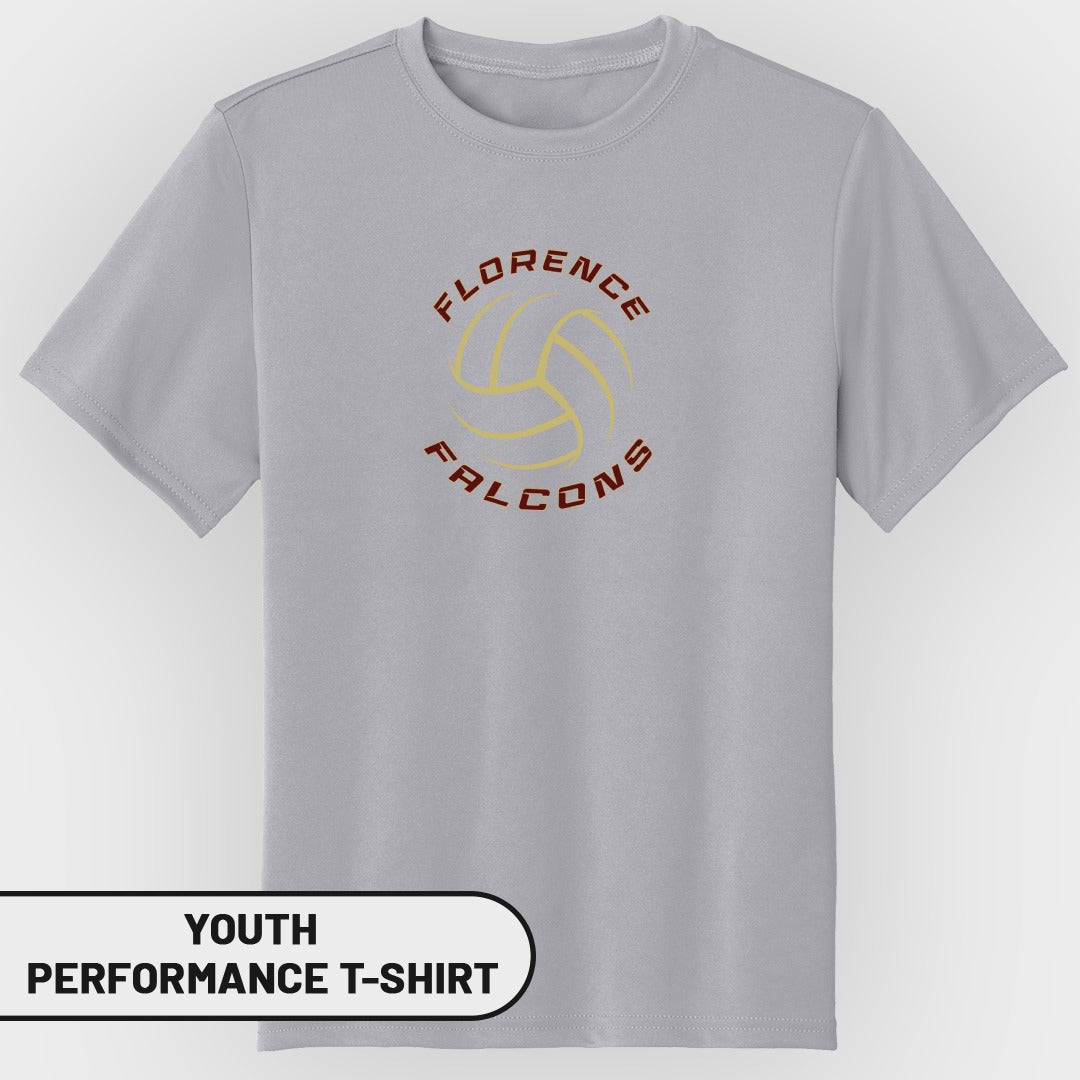 Youth performance t-shirt with Florence Falcons volleyball graphic.