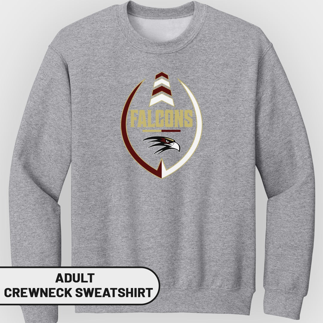 Adult crewneck sweatshirt with a "Falcons" logo featuring an eagle head and football design.