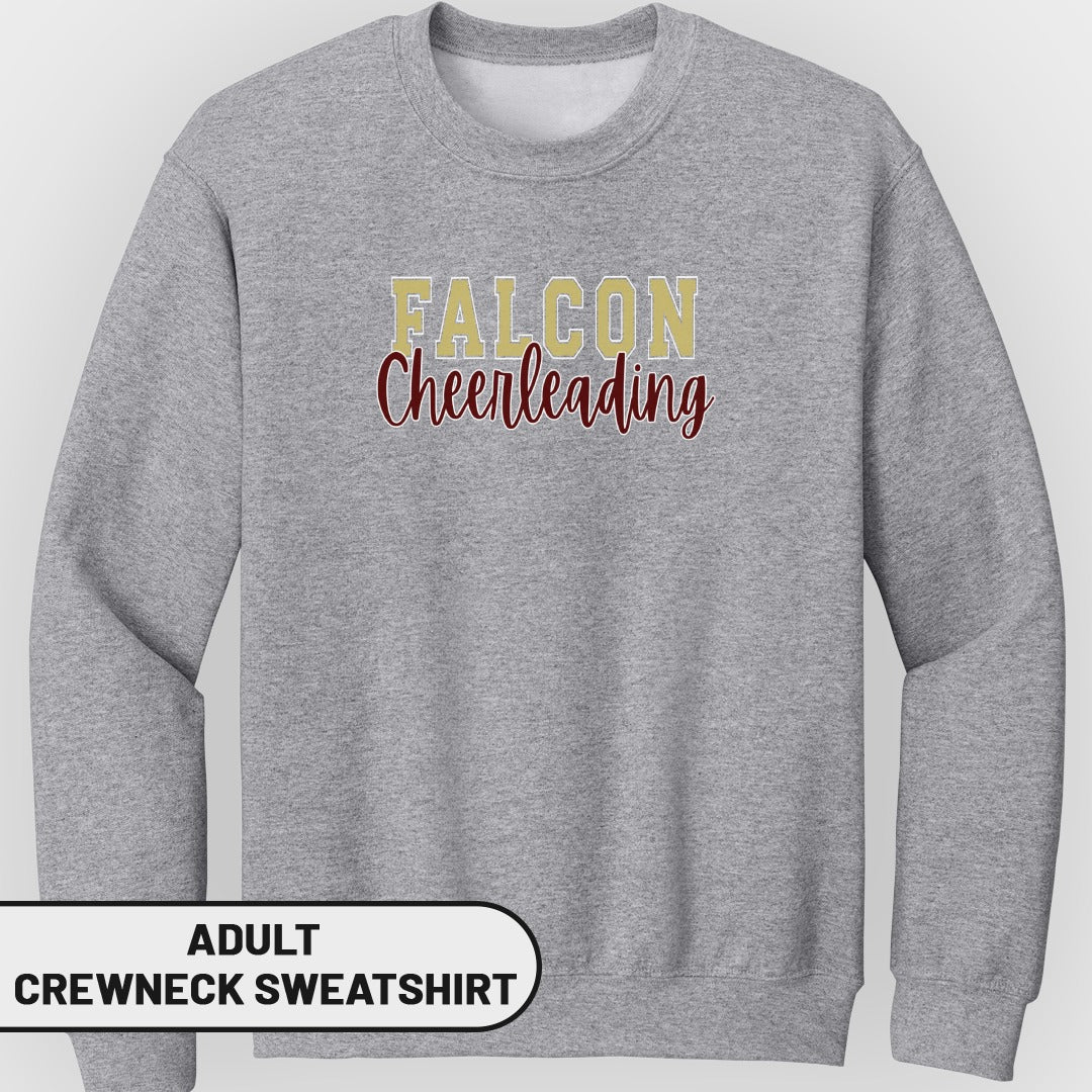 Grey adult crewneck sweatshirt with "FALCON Cheerleading" text.