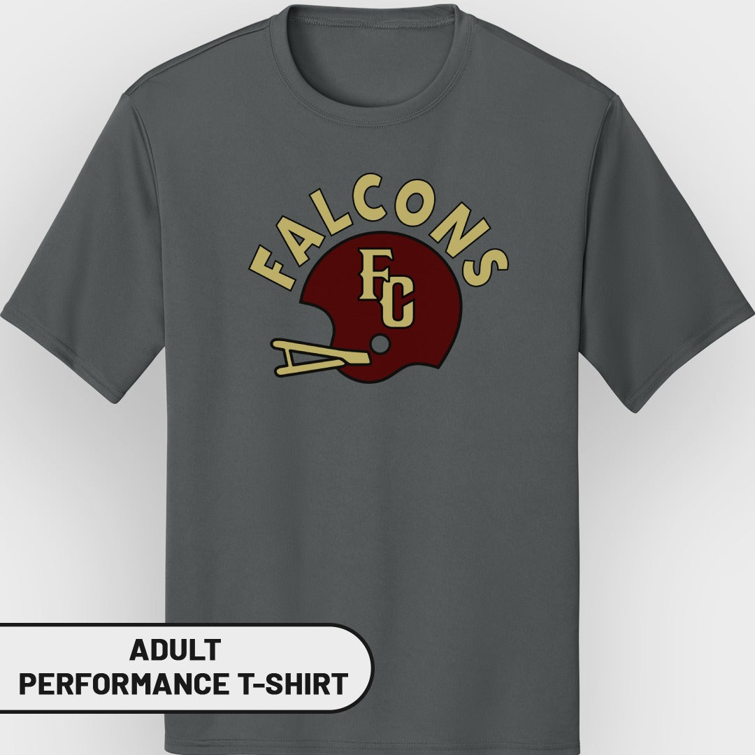 Gray adult performance t-shirt with a maroon helmet and "FALCONS FC" text.