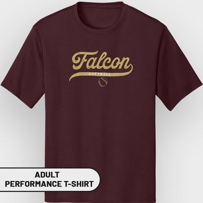 Maroon adult performance t-shirt with "Falcon Softball" and baseball graphic.