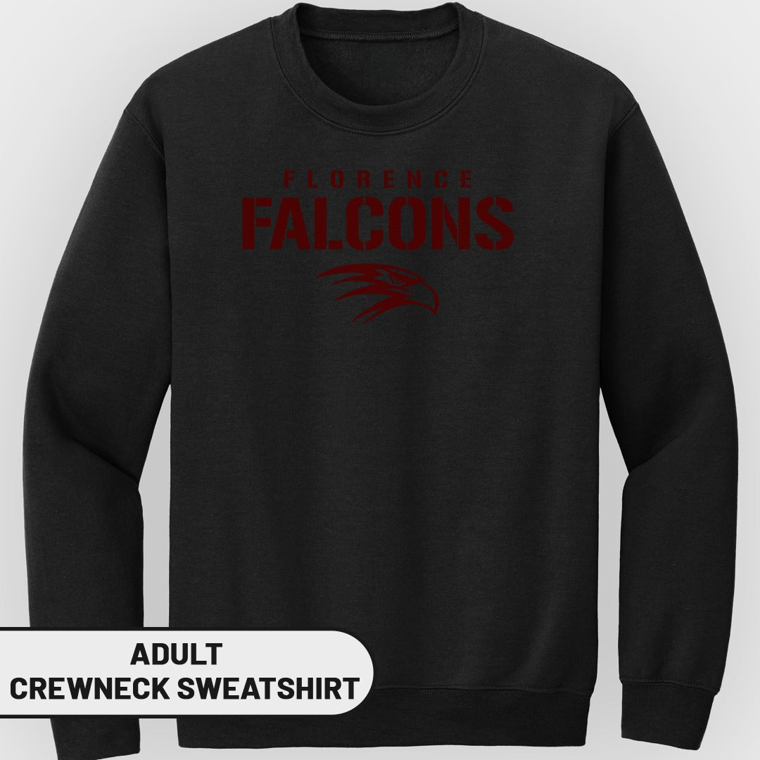 Black adult crewneck sweatshirt with "Florence Falcons" and a falcon head graphic.