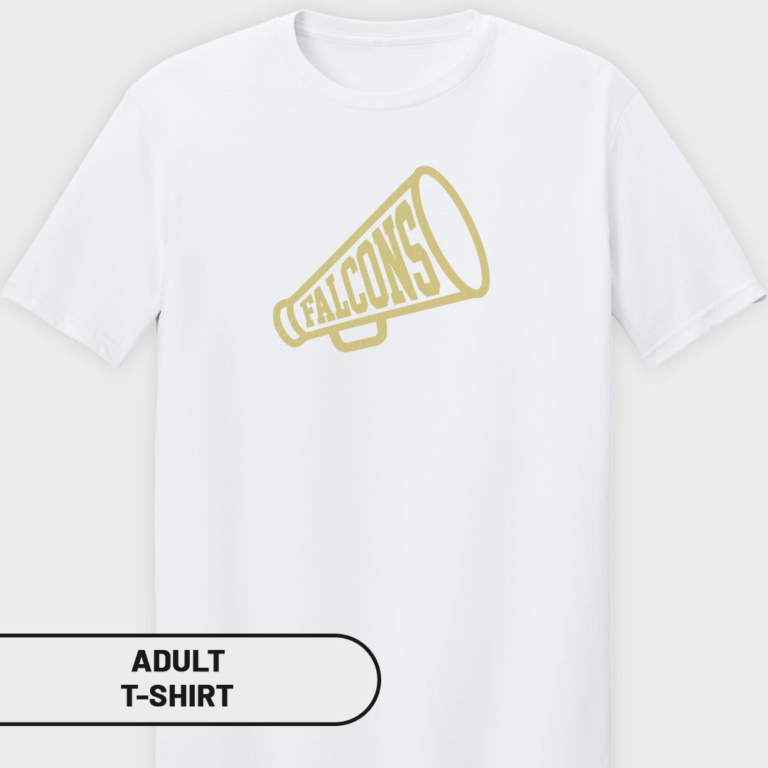 White adult t-shirt with a gold megaphone graphic that says FALCONS