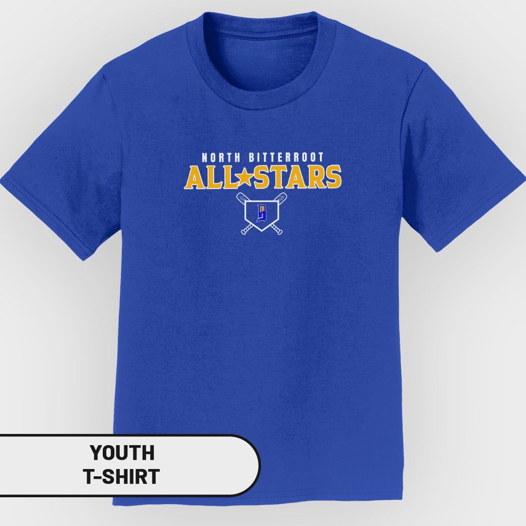 Youth t-shirt with "NORTH BITTERROOT ALLSTARS" and crossed baseball bats.
