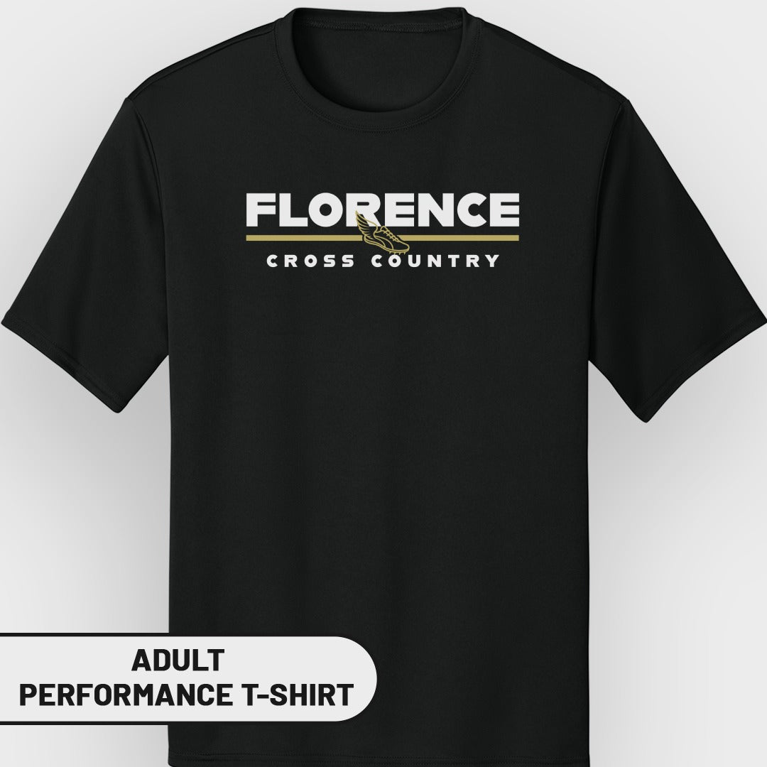 Black adult performance t-shirt with "Florence Cross Country" and running shoe graphic.