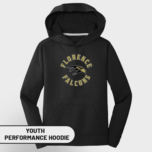 Black youth performance hoodie with "Florence Falcons" logo.