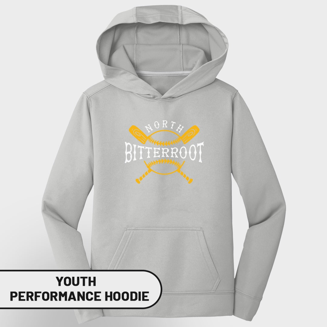 Light gray youth performance hoodie with "North Bitterroot" text and crossed baseball bats graphic.