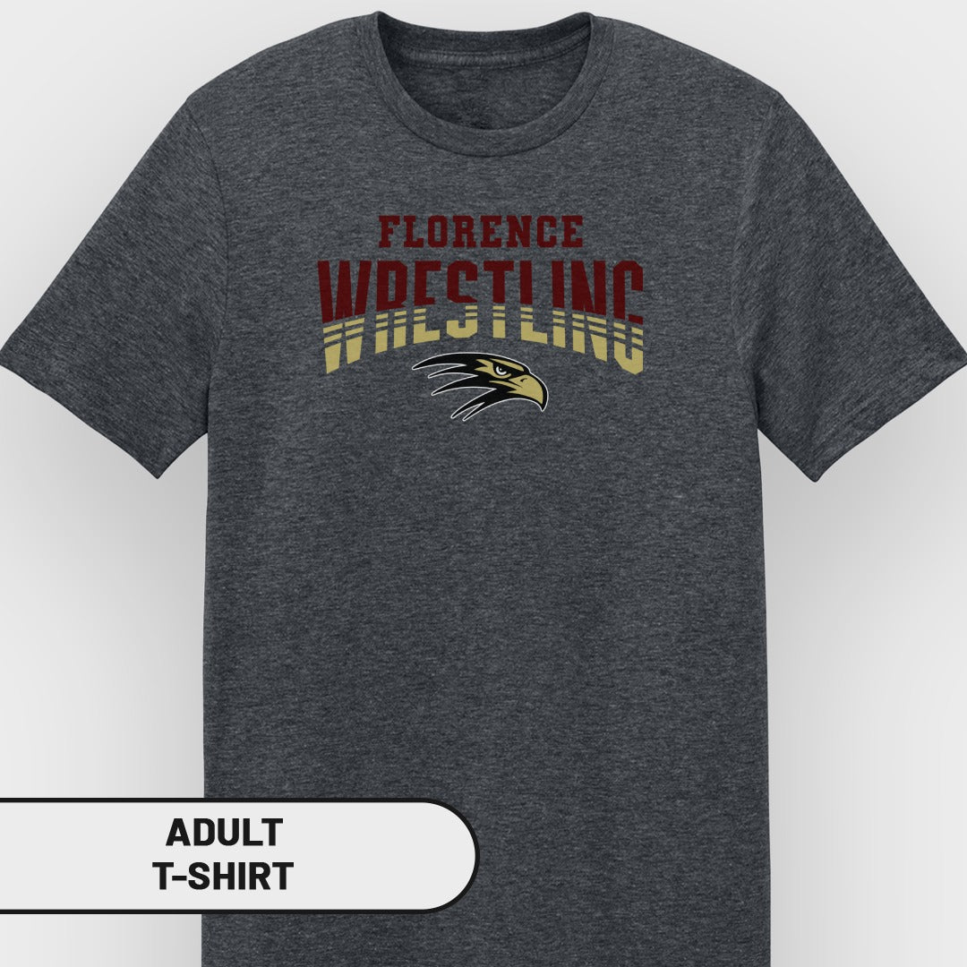 Dark gray adult t-shirt with "Florence Wrestling" and an eagle head graphic.