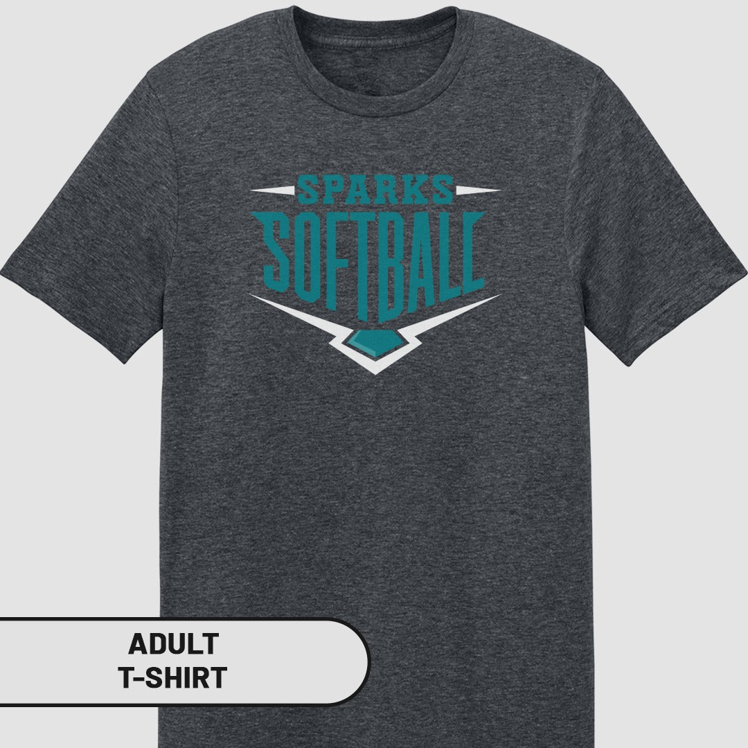 Adult dark gray t-shirt with "SPARKS SOFTBALL" shield logo.