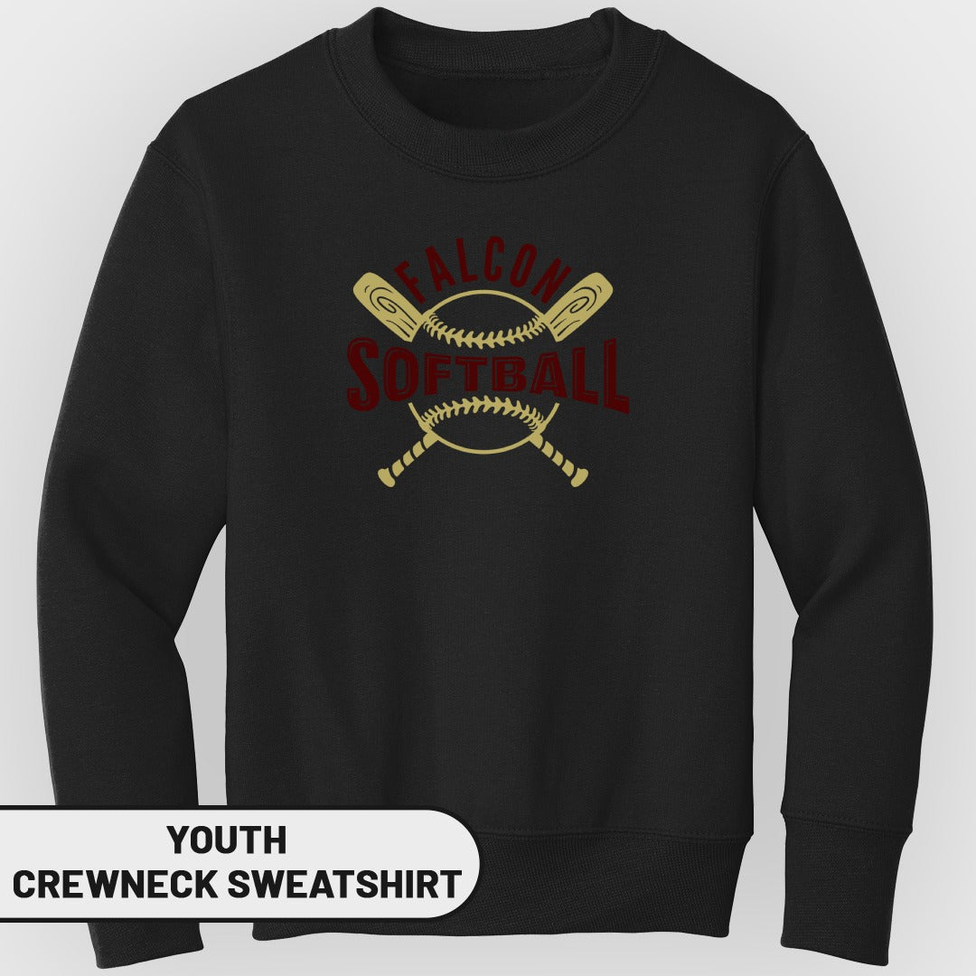 Black youth crewneck sweatshirt with "FALCON SOFTBALL" text and crossed bats.