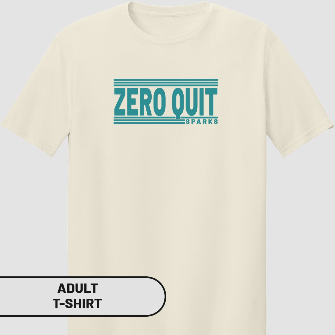 Cream t-shirt with "ZERO QUIT SPARKS" text in teal.