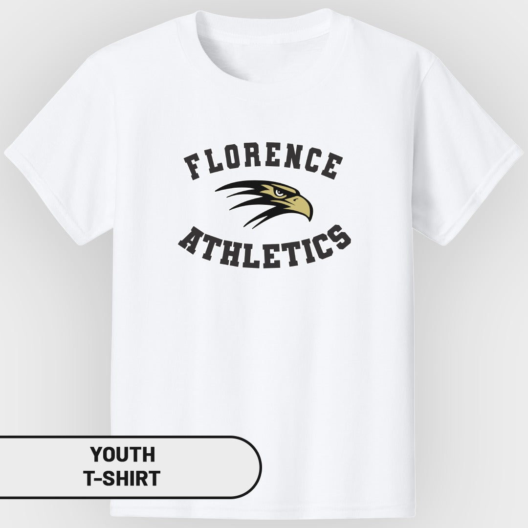 White youth t-shirt with "Florence Athletics" and eagle graphic.