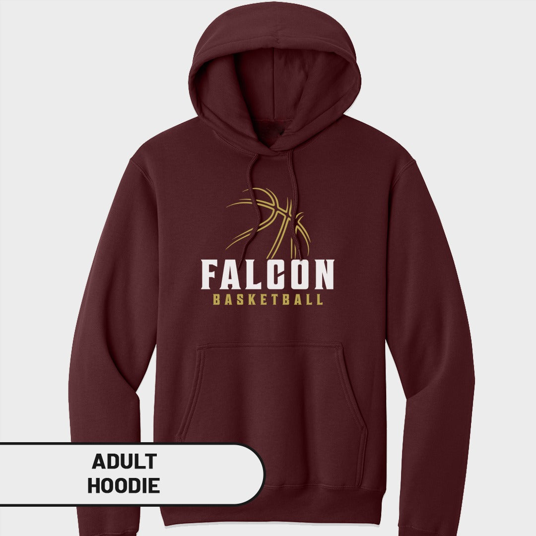 Maroon adult Falcon Basketball hoodie with gold and white logo.