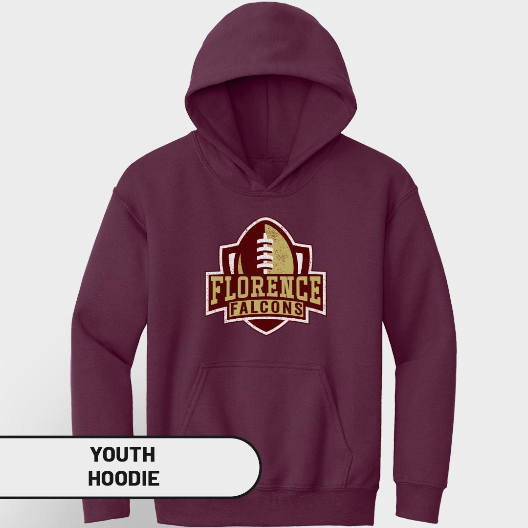 Maroon youth hoodie with Florence Falcons football logo on chest.