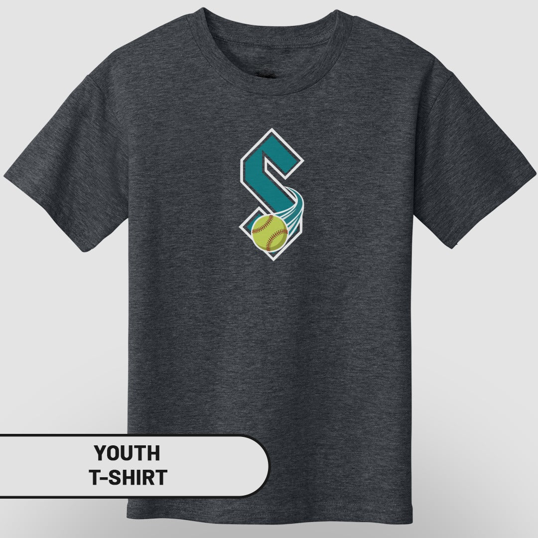 Dark grey youth t-shirt with a stylized "S" logo and a yellow baseball.