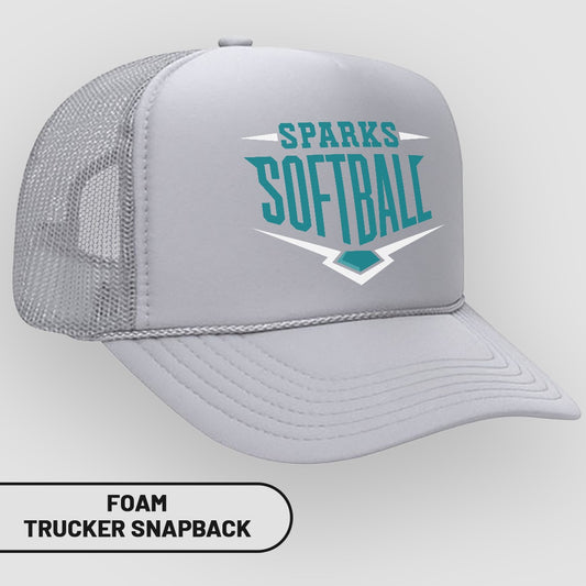 Light gray foam trucker snapback hat with "Sparks Softball" logo.