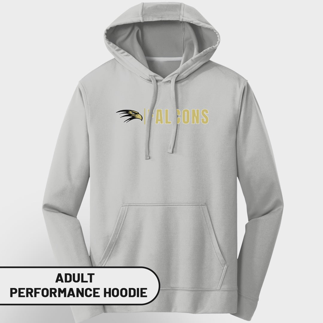 Light gray adult performance hoodie with "FALCONS" and a bird logo.