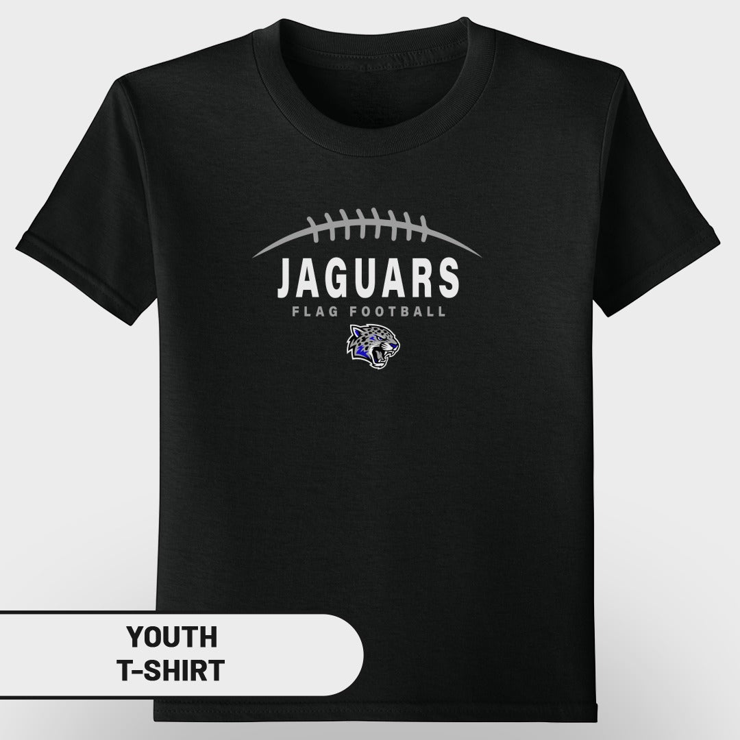 Black youth t-shirt with Jaguars flag football graphic and jaguar logo.