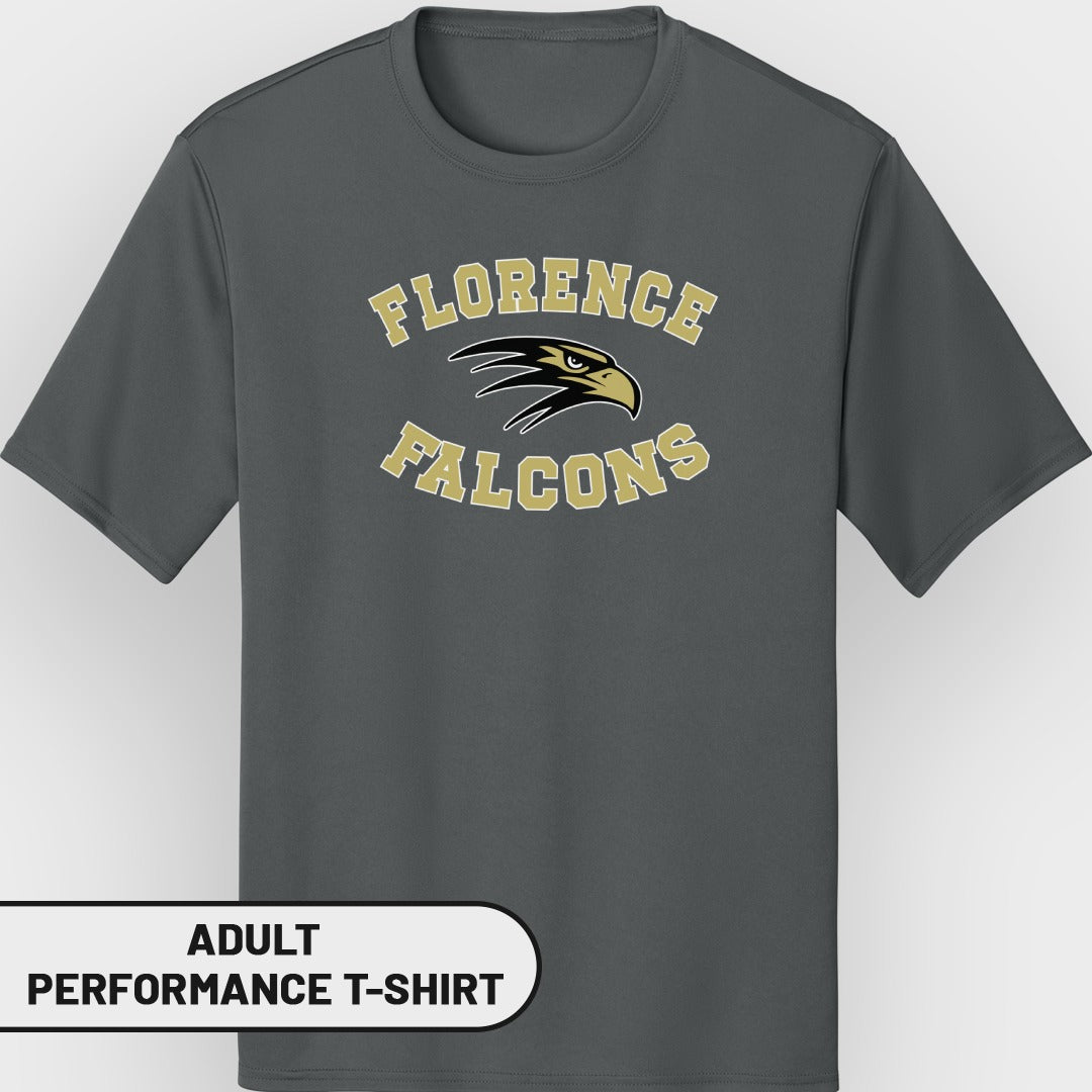 Adult dark grey performance t-shirt with "Florence Falcons" and eagle graphic.