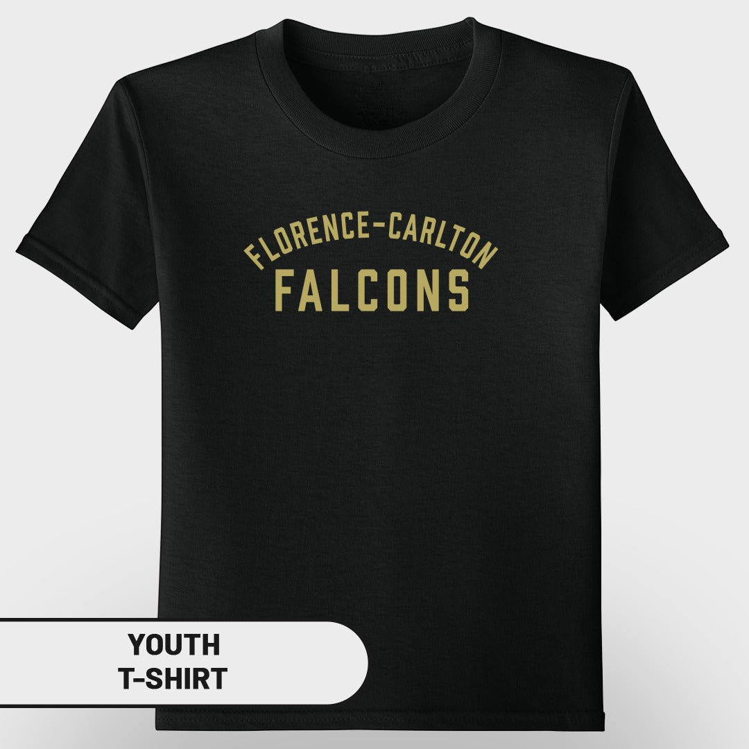 Black youth t-shirt with "Florence-Carlton Falcons" text in gold.