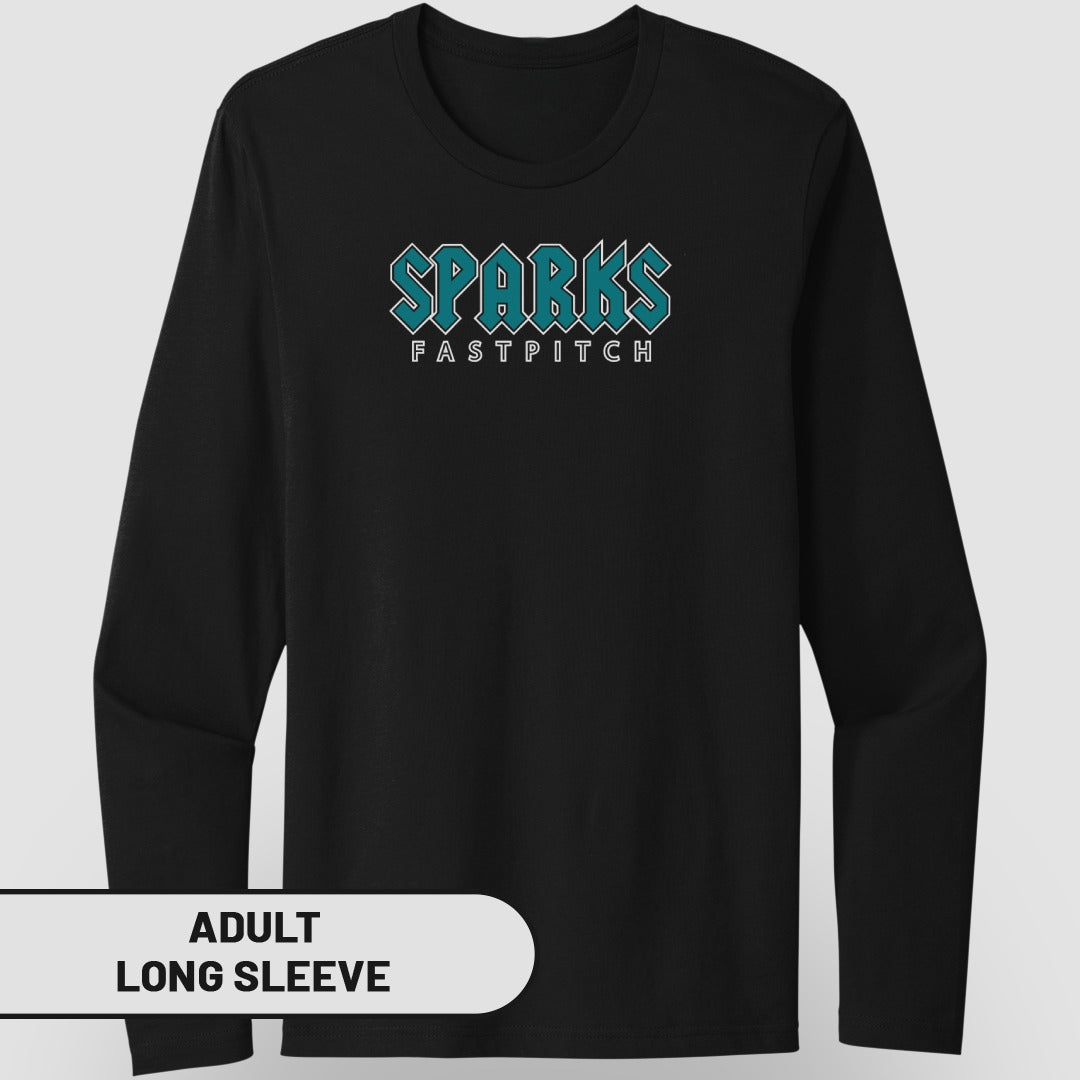 Black long sleeve shirt with "SPARKS FAST PITCH" in teal and white text.