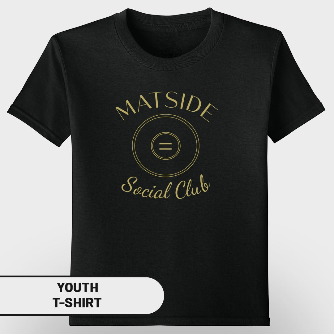 Black youth t-shirt with gold "Matside Social Club" text and logo.