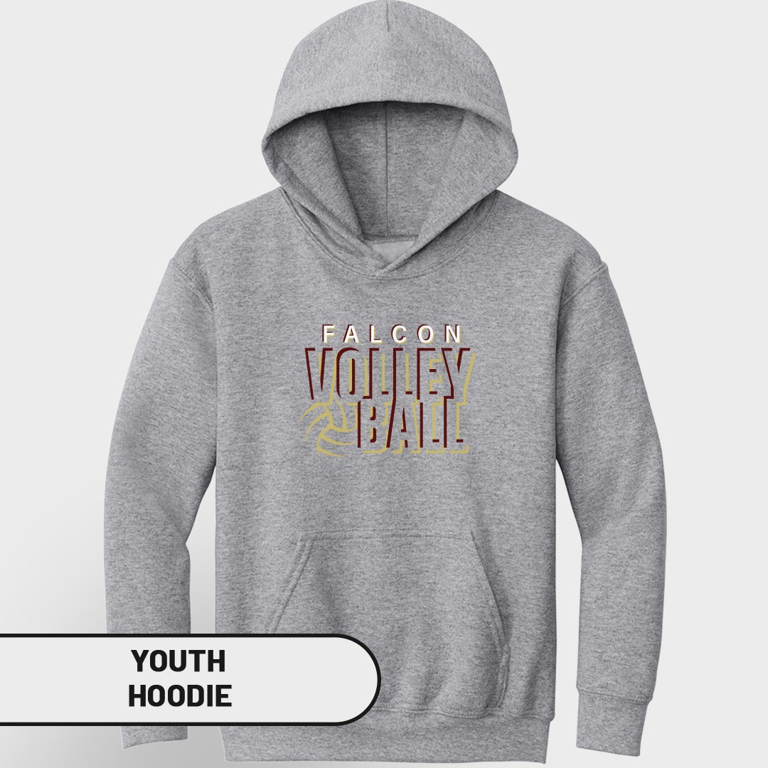 Gray youth hoodie with "FALCON VOLLEYBALL" text and volleyball graphic.