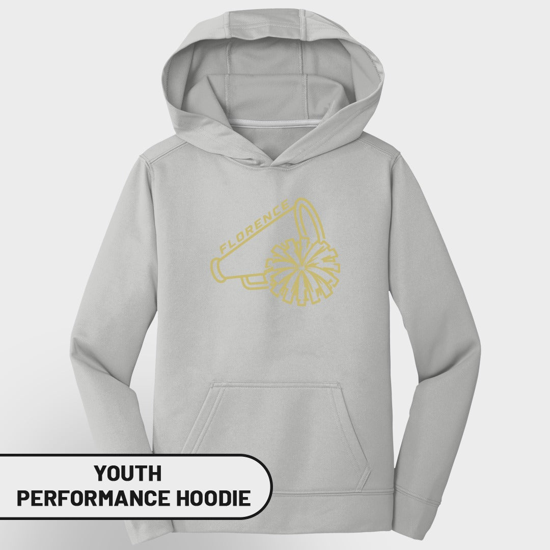 Youth performance hoodie in light gray with yellow megaphone and pom-pom graphic.