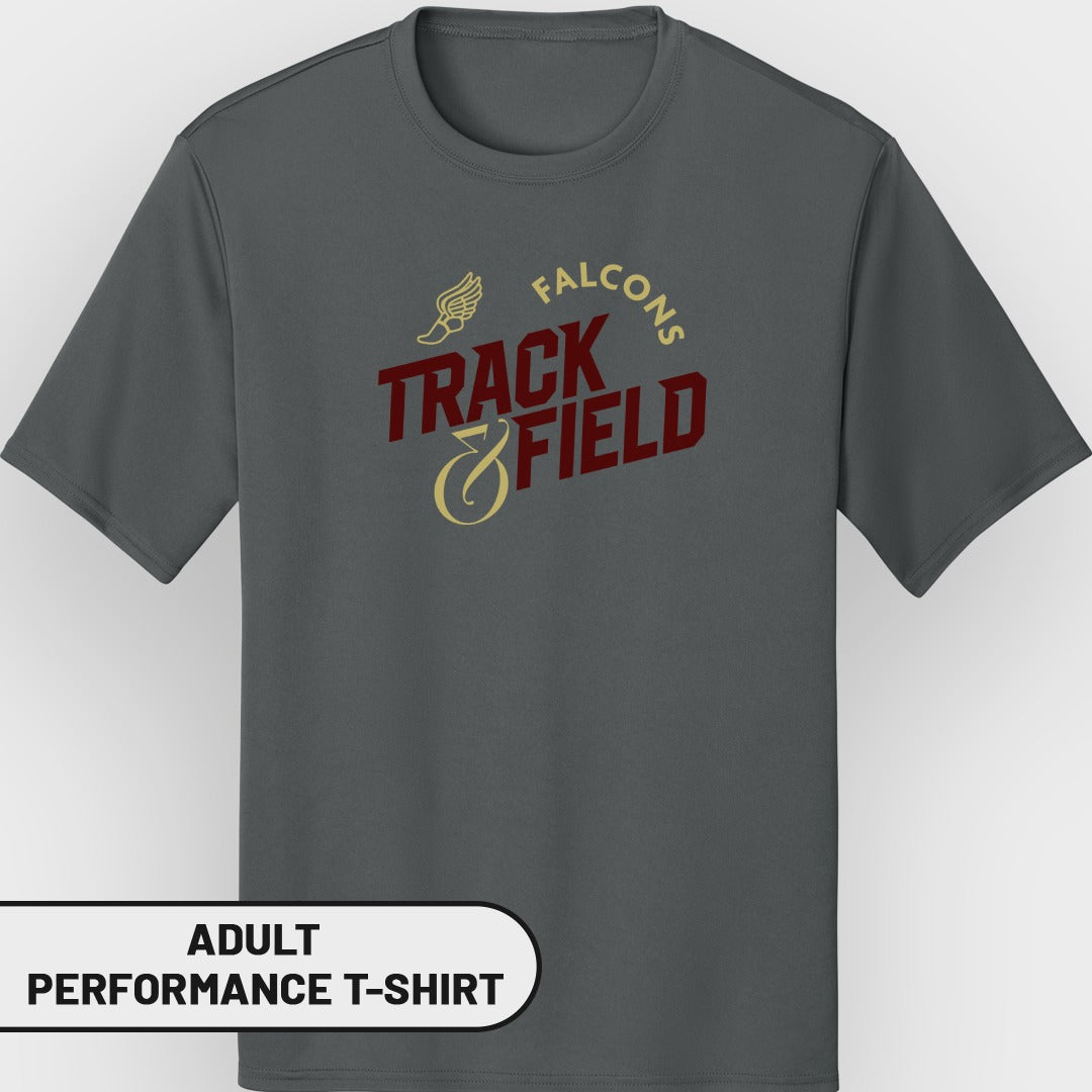Dark grey adult performance t-shirt with "Falcons Track & Field" graphic.