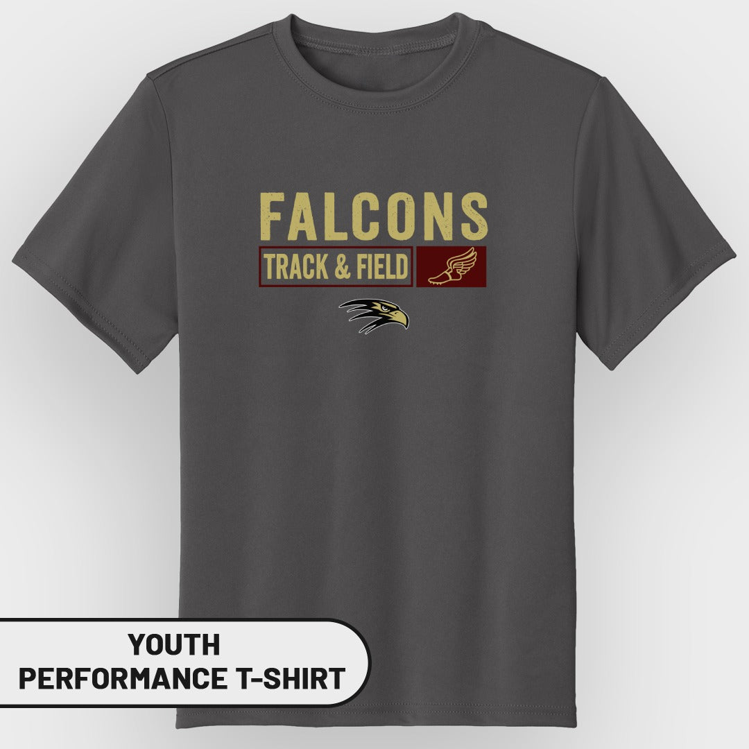 Grey youth performance t-shirt with Falcons Track & Field logo and eagle graphic.