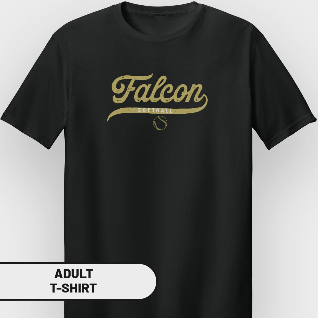 Black adult t-shirt with "Falcon Softball" graphic and softball icon.