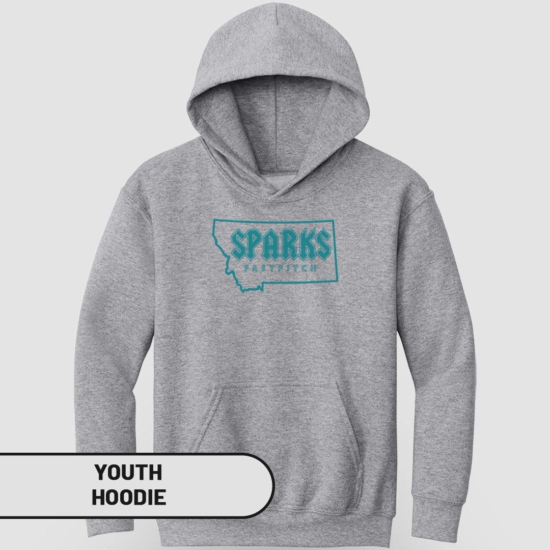 Grey youth hoodie with "Sparks Fastpitch" text in a Montana outline.