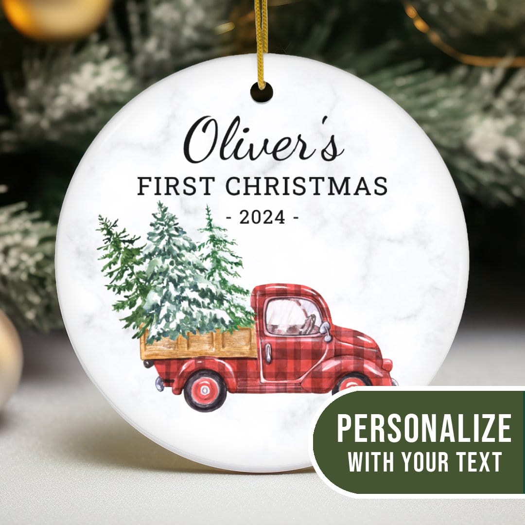 MyDesigns Personalized Ornament Plaid Red Truck | Personalized Baby's First Christmas Ornament